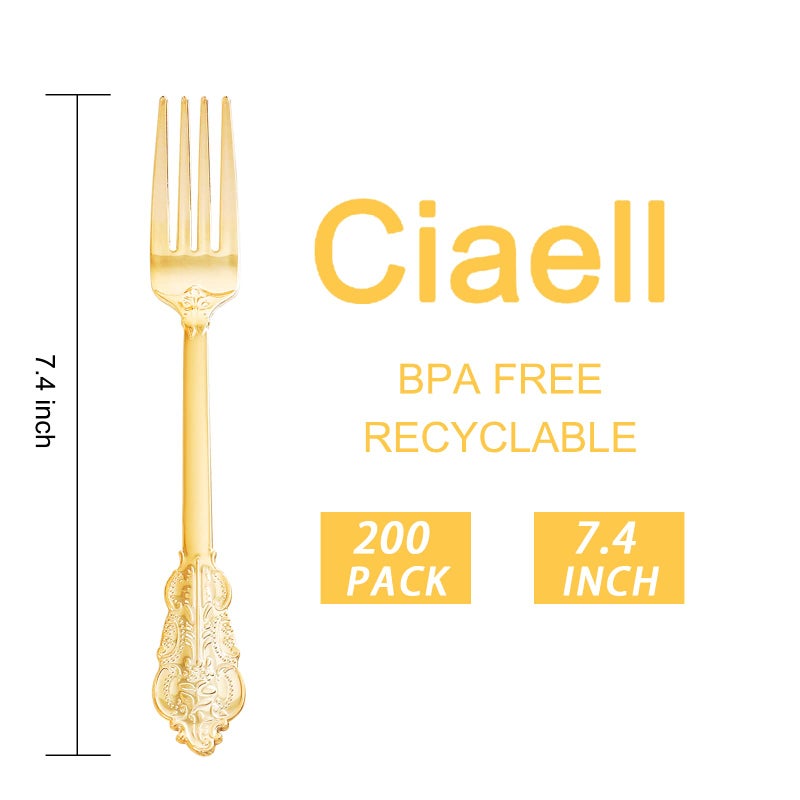 Ciaell 200PCS Heavy Duty Plastic Forks - 7.48 Inch Heavyweight Gold Forks - Disposable Dessert Forks Perfect for Parties & Weddings & Dinners - Image 2